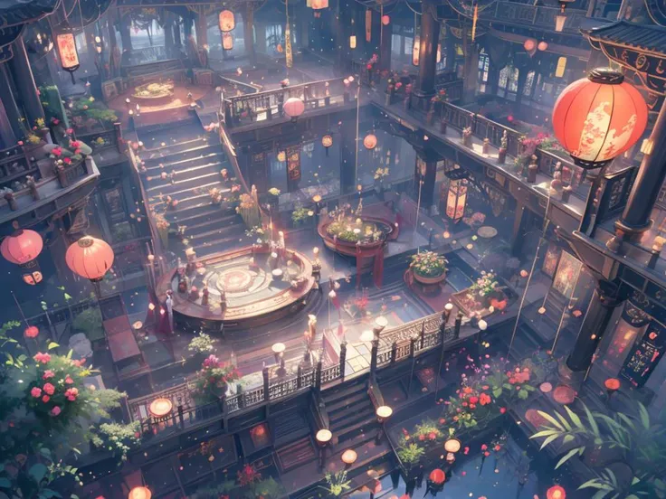 scenery,indoors,lantern,architecture,plant,railing,<lora:hongsejiayi:0.8>,
