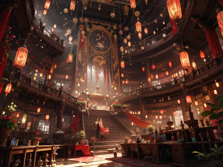 scenery,indoors,lantern,architecture,plant,railing,<lora:hongsejiayi:0.8>,heads-up,