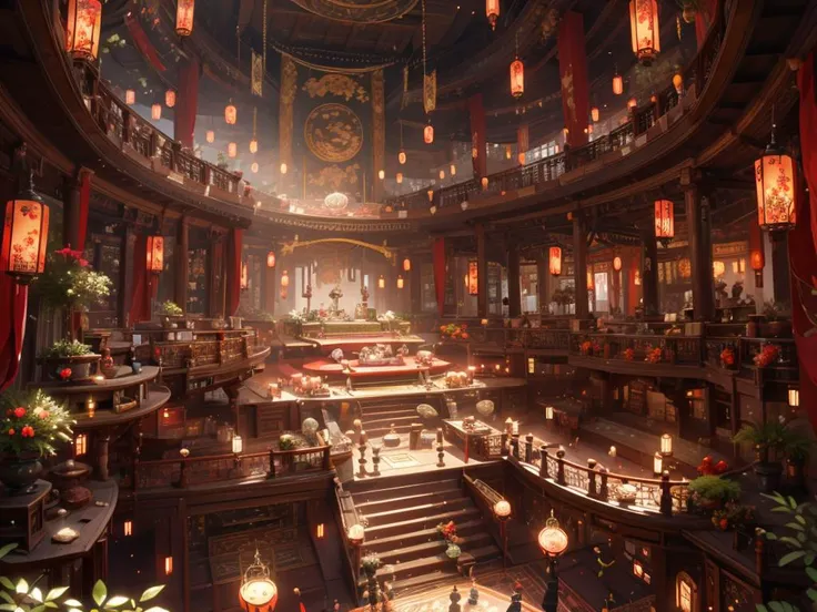 scenery,indoors,lantern,architecture,plant,railing,<lora:hongsejiayi:0.8>,overlooking,