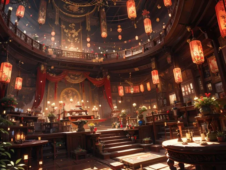 scenery,indoors,lantern,architecture,plant,railing,<lora:hongsejiayi:0.8>,