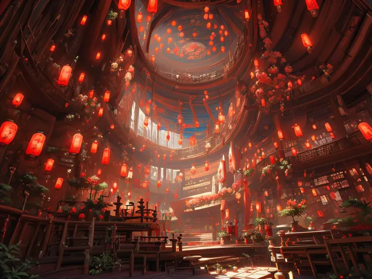 scenery,indoors,lantern,architecture,plant,railing,<lora:hongsejiayi:1>,