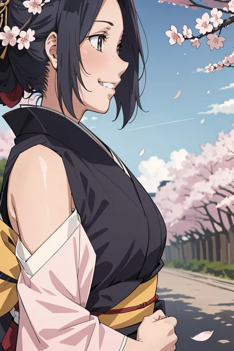 (best quality, masterpiece), 1girl, kimono, cherry blossoms, from behind, looking back, smile, 
 <lora:NTRman:0.8> ntrman, anime screencap,