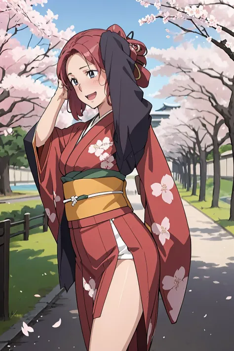 (best quality, masterpiece), 1girl, kimono, cherry blossoms, happy, adjusting hair, 
 <lora:NTRman:0.8> ntrman, anime screencap,