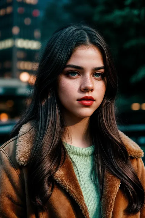 photo of (EPS4r4hBust4n1:0.99), closeup portrait, perfect hair, (modern photo, Faux suede shearling coat with a waterfall front for a feminine touch), 24mm, (analog, cinematic, film grain:1.3), (([timeless tower of magecraft, glass,green roofing roof,onyx stone,asphalt, bioluminescent jellyfish,led outdoor lights, floodlights| treetops city], gradient:1.1)), ((detailed eyes)), ((eyeliner, long lashes)), (epicPhoto), long eyelashes, (perfect waist), (painted lips)