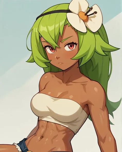 score_9,score_8_up,score_7_up,score_6_up, 1girl,solo,amaliayoung,on a beach in a tropical island,nude,green hair,long hair,hair flower,(tropical flowers),dark skin,full body,looking at viewer,sand,blush,light smile,wet,wet clothes,white panties,see-through dress,