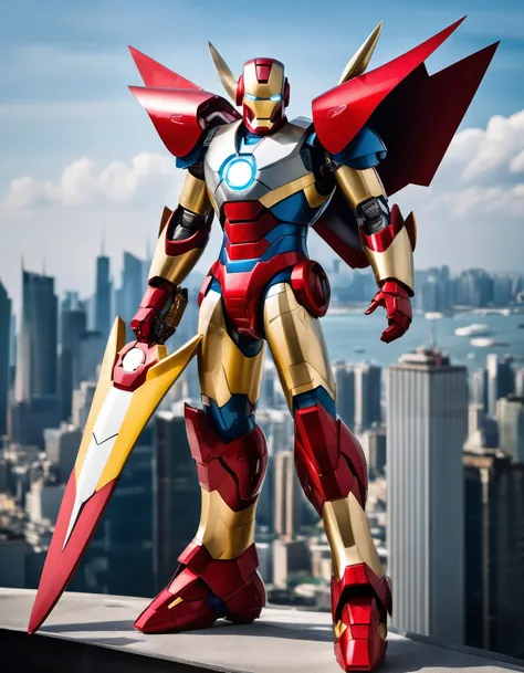 Create a meccanic cyberpunk (Iron Man fusion with Grendizer) (Grendizer battle Axe halberd) in hand, standing on the rooftop of a tall skyscraper with a breathtaking view of the futuristic city (Liam Wong: 1.4) (Masashi Wakui: 1.3). sophisticated cybernetic armor design with insert of futuristic weapons incorporated into the armo, (masterpiece, best quality, absurdres, detailed, ultra-detailed:1.3), (max detail, 4k uhd:1.3)