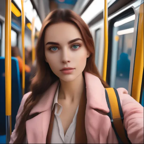 (8k RAW photo), selfie of woman on public transport, cinematic lighting, (HDR), (best quality:1.2), (detailed), highly detailed face, detailed eyes, intricate eyes, full lips, ultra high res cloth texture, detailed background, insanely detailed, bokeh, wallpaper