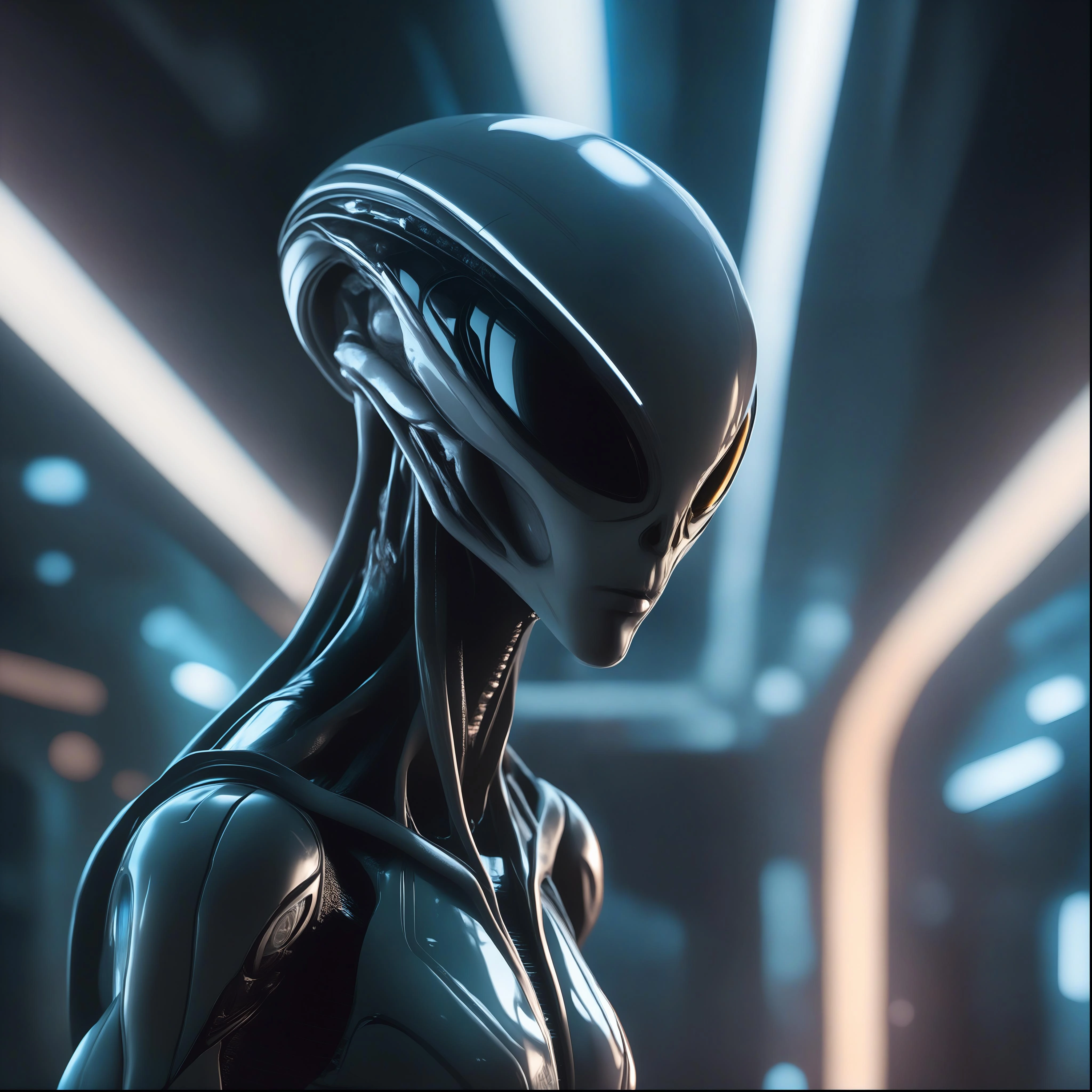 futuristic alien, 8k, futuristic, depth of field, photographic, backlighting, technology, beautiful, dramatic lighting, realistic, wide from below, mysterious