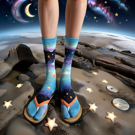 surreal landscape, ethereal figure, whimsical flip flops, celestial pattern socks, stars, moons, otherworldly ambiance, magical realm, mystical fashion,hyperrealistic, (flip_flop_sock:1.1), ,
