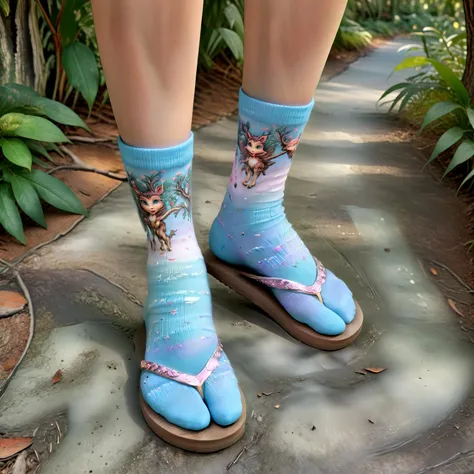 tim burton creature wearing fairy-tale setting, mythical creatures on socks, fantastical elements, pastel colors, sparkly flip flops, enchanted forest background, whimsical fashion, fantasy theme,hyperrealistic, (flip_flop_sock:1.1), bas waijers and tim burton style,