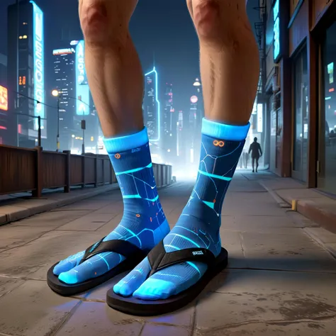 futuristic cityscape, high-tech flip flops, smart LED socks, dynamic designs, fast-paced environment, minimalist style, fashion meets technology, innovation,hyperrealistic, (flip_flop_sock:1.1), ,