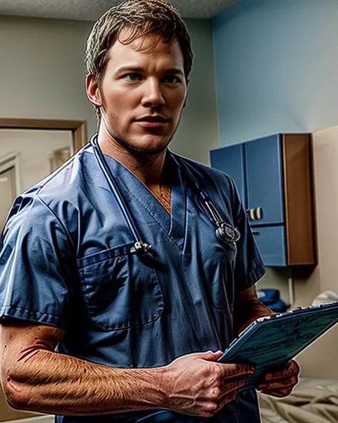 best quality, masterpiece, highres, detailed, perfect anatomy, <lora:Style - add_detail:0.2>, 1boy, chris pratt, nurseCH, blue uniform, nurse,  <lyco:Traits - NurseCh:1.0>, buttoned, bright colors, infirmary,