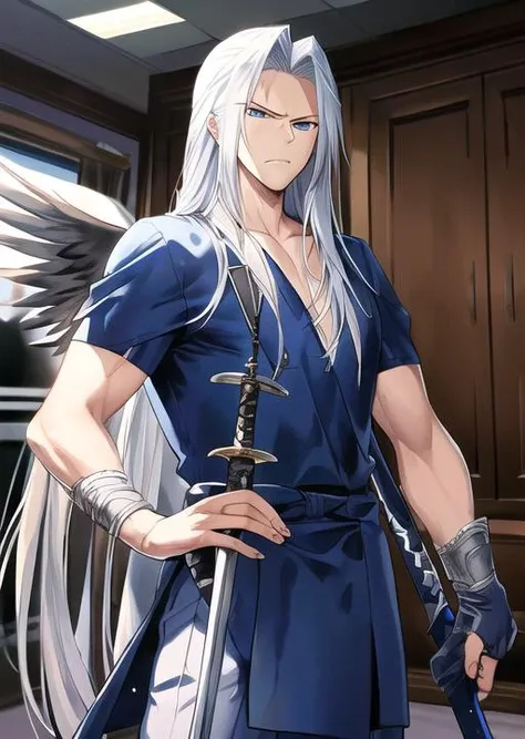 best quality, masterpiece, highres, detailed, perfect anatomy, 1boy, nurseCH , blue uniform, <lyco:NurseCHV1:0.7>,  sephiroth, long hair, silver hair, holding sword, one black wing, infirmary, angry, cowboy shot, pants,