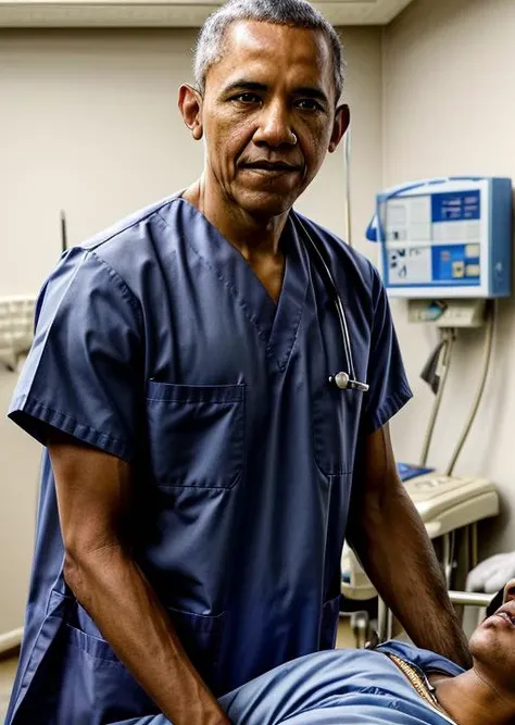 best quality, masterpiece, highres, detailed, perfect anatomy, Barack Obama working as a male nurse in a hospital, 1boy, nurseCH , blue uniform, <lyco:NurseCHV1:0.7>