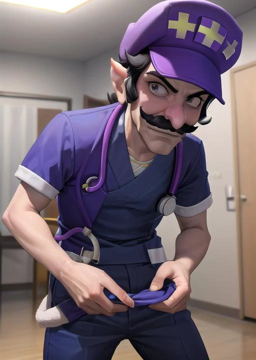 best quality, masterpiece, highres, detailed, perfect anatomy, 1boy, nurseCH , blue uniform, <lyco:NurseCHV1:0.7>,  <lora:Character - Waluigi2:0.5>, Waluigi, waluigi hat, pants, mustache, long nose, infirmary,