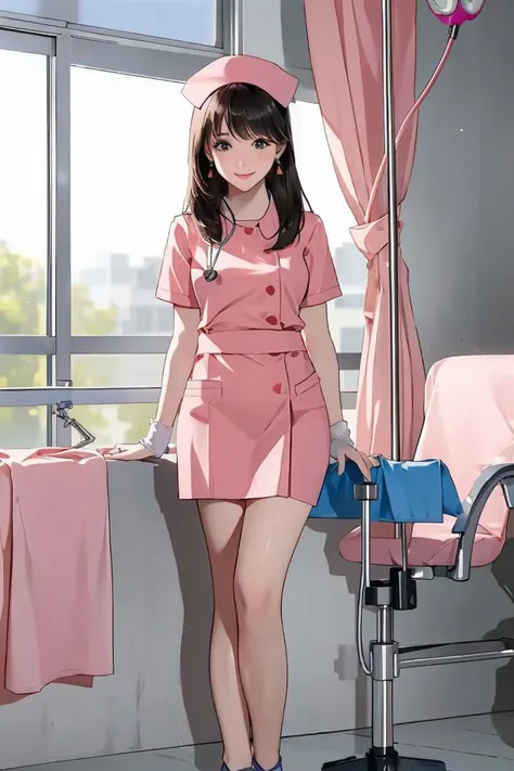 (masterpiece:1.1), best quality, vivid, Sweet girl portrait,
1girl, solo, earrings, black eyes, bangs, long hair, rose, nail polish, peach nails, frills, bow, saucer, sidelocks, medium breast, sexual appeal, High contrast, full body, black hair, medium hair, subtle smile, <lora:Karen Gillan:0.8>, swept bangs, <lora:Saya-adjusting gloves:0.8>, adjusting gloves, inside a hospital, sunlight through windows, high nose, <lora:NurseCHV1:0.8>, NurseCh, nursech, nurse, short sleeves, hat, realistic, stethoscope, standing,