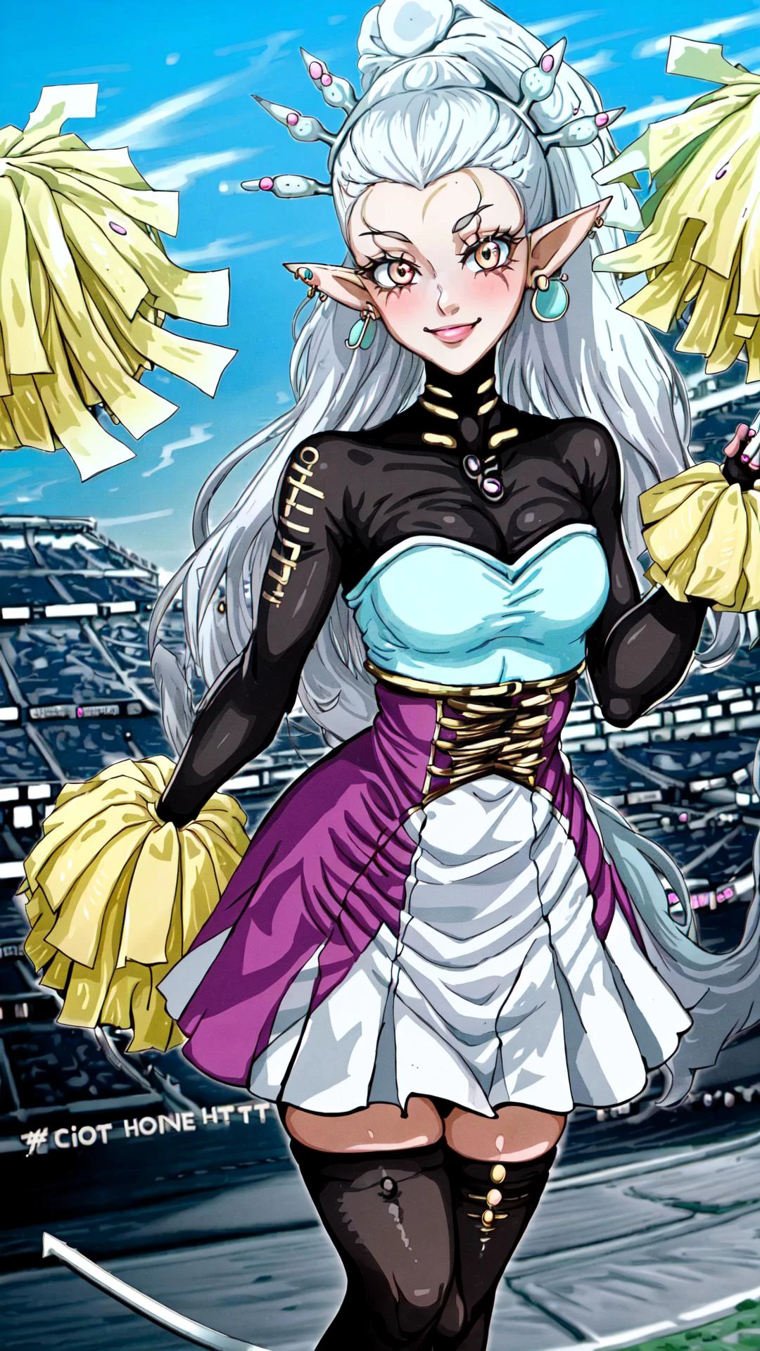 <lora:Yvraine_Warhammer_40K_v1:0.8> yvraine, 1girl, white eyes, long hair, jewelry, very long hair, (topknot:1.25), (single braid:1.15), white hair, earrings, (hair ornament:1.25), pointy ears, smile, BREAK, <lora:CheerleaderCL:0.6> CheerleaderCL, pom pom (cheerleading:1.10), holding pom poms, stadium, floodlights