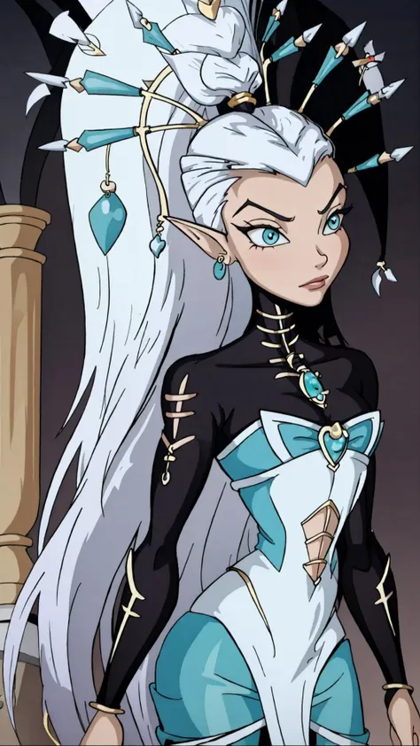 <lora:Winx_Club:0.8> winx club, <lora:Yvraine_Warhammer_40K_v1:0.8> yvraine, long hair, jewelry, very long hair, ponytail, weapon, white hair, earrings, hair ornament, pointy ears