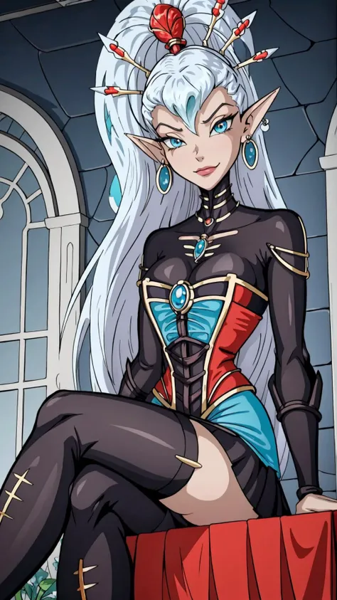 <lora:Winx_Club:0.7> winx club, <lora:Yvraine_Warhammer_40K_v1:0.8> yvraine, long hair, jewelry, very long hair, ponytail, white hair, earrings, hair ornament, pointy ears, black thighhighs, red corset, white skirt, BREAK, from below, front view, looking at viewer, throne, glas wall, big window, science fiction background, crossed legs, smirk <lora:more_details:0.35>, masterpiece, best quality, extremely detailed, highly quality, 4k, sharp focus, professional, sharp focus, award winning, cinematic lighting, octane render, unreal engine, volumetrics dtx, Wallpaper,