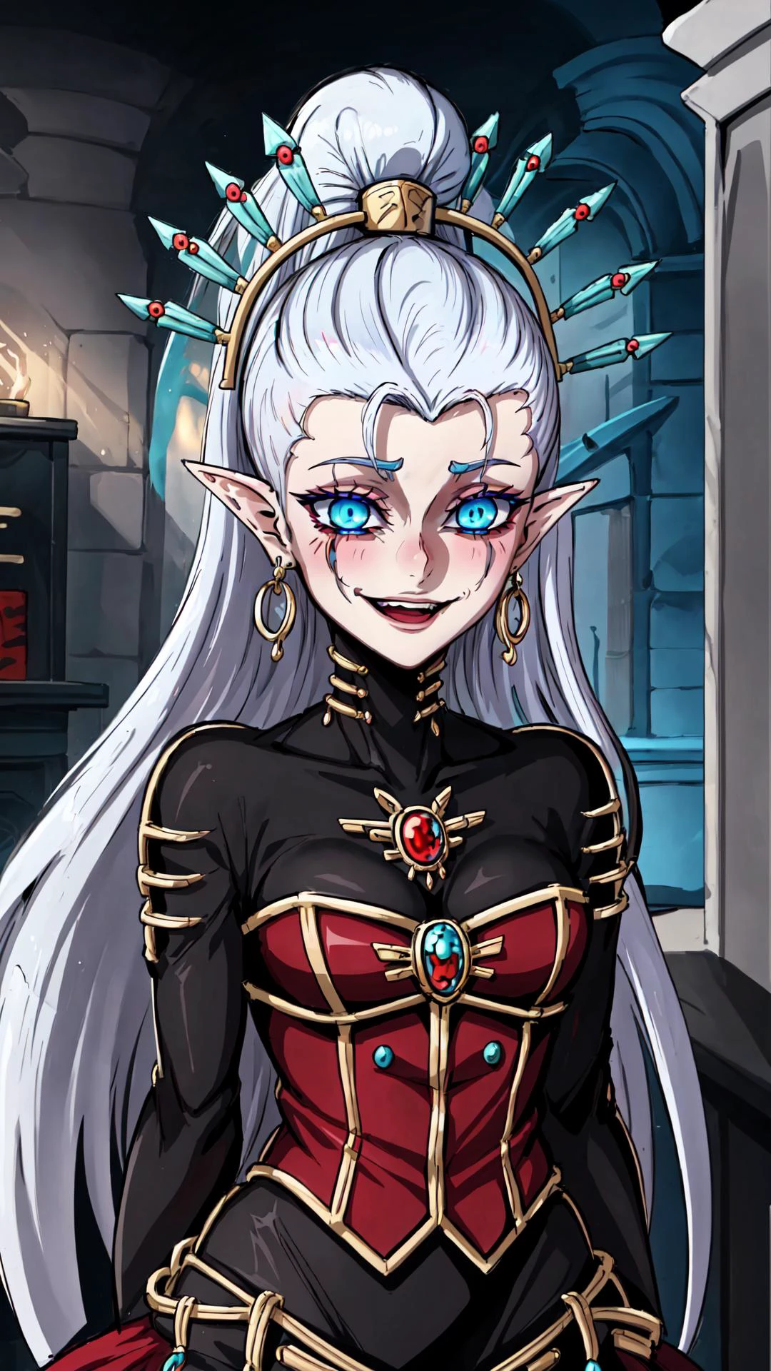 <lora:Yvraine_Warhammer_40K_v2:0.8> yvraine, 1girl, warhammer 40k, blue eyes, long hair, jewelry, very long hair, sidecut, undercut, topknot, hair ornament, white hair, earrings, pointy ears, jewelry, red corset, black bodysuit, <lora:edgGesugao:0.8> edgGesugao, edgGesugao facial expression, sadistic smile, evil smile