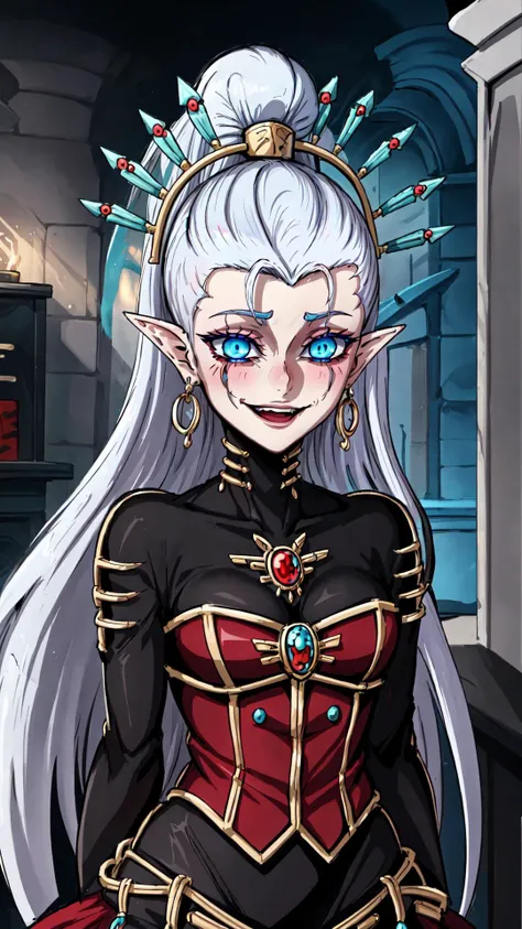 <lora:Yvraine_Warhammer_40K_v2:0.8> yvraine, 1girl, warhammer 40k, blue eyes, long hair, jewelry, very long hair, sidecut, undercut, topknot, hair ornament, white hair, earrings, pointy ears, jewelry, red corset, black bodysuit, <lora:edgGesugao:0.8> edgGesugao, edgGesugao facial expression, sadistic smile, evil smile