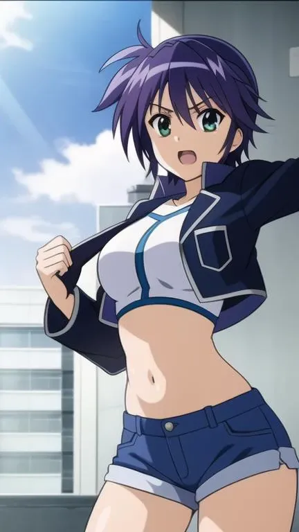 subaru nakajima, 1girl, open mouth, 
blue shorts, denim shorts, midriff, open jacket, 
office, scenery,
<lora:nanoha-strikers-subaru-nakajima:0.8>
