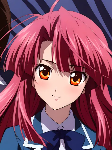 (masterpiece),(best quality),(ultra-detailed),(best illustration),(best shadow),(absurdres),(detailed background),(very aesthetic), ayano kannagi, 1girl, solo, blush, red hair, close-up, long hair, pink hair, orange eyes, portrait, smile, looking at viewer, schooluni, school uniform, skirt, from the front, <lora:ayanokannagi-40:1>