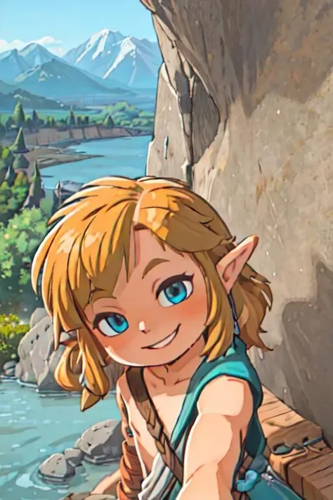 totklink, 1boy, zonai dress, single bare shoulder, solo,((selfie)) photo of RoxieCipher with curly hair, smiling, outdoors, mountains, rocks, river, wood, analog style (look at viewer:1.2) , close up, sidelighting, 50mm, <lora:add_detail:0.6> <lora:link:0.75>