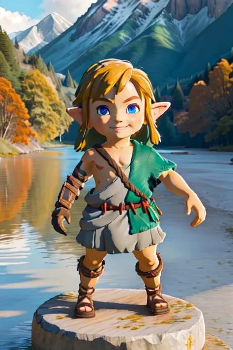 totklink, 1boy, zonai dress, single bare shoulder, solo, smiling, outdoors, mountains, rocks, river, wood, (look at viewer:1.2) ,full body,chibi, sidelighting, 50mm, <lora:link:0.85> <lora:blindbox_v1_mix:0.75>