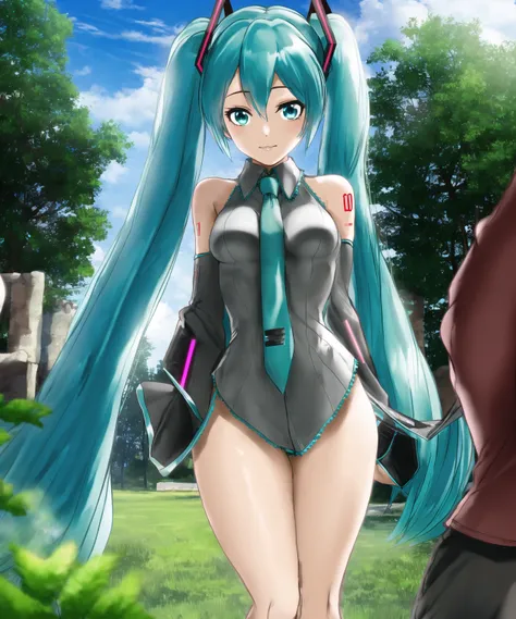 <lora:TGSTheGoofySmurf:1>, 1girl, hatsune miku, aqua hair, long hair, aqua eyes, solo, solo focus, outdoors, tree, grass, , thick thighs, wide , pelvic curtain, looking at viewer, side slit