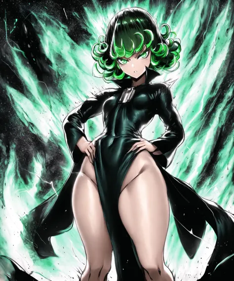 <lora:TGS[TheGoofySmurf]:1>, 1girl, tatsumaki, green hair, green eyes, dress, solo, black dress, breasts, small breasts, thighs, curly hair, telekinesis, covered navel, looking at viewer, short hair, hand on hip, aura, floating, long sleeves, thick thighs, wide hips, glowing, pelvic curtain, green aura
