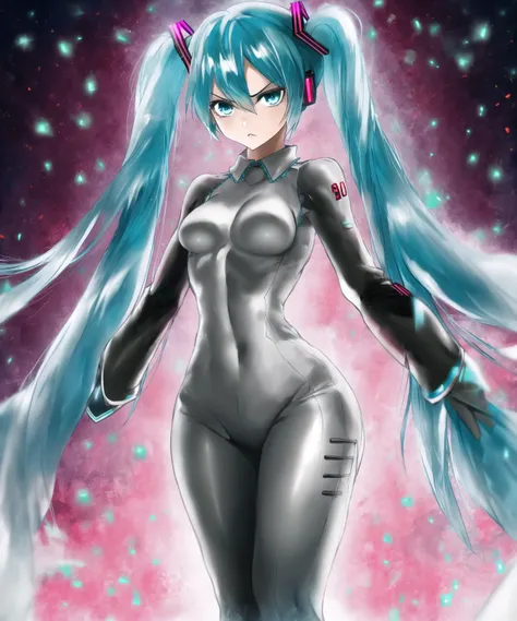 <lora:TGSTheGoofySmurf:1>, 1girl, hatsune miku, aqua hair, aqua eyes, long hair, solo, solo focus, aura, medium breasts, looking at viewer, red aura, angry, impossible clothes, shiny clothes, shiny skin