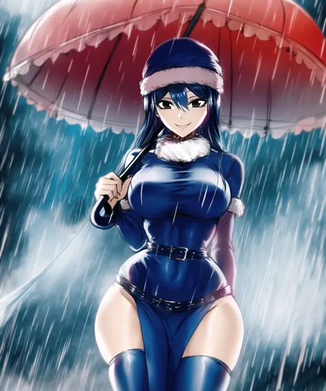 <lora:last:1>, 1girl, rain, umbrella, , solo, hat, , leg tattoo, smile, looking at viewer, tattoo, side slit, dress, black eyes, thighs, thick thighs, belt, holding umbrella, fur trim, long hair, blue hair, thighhighs, wide , fur hat, hair between eyes, holding