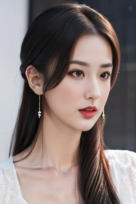best quality, masterpiece, real,realistic, photo,photorealistic,upper body,
1girl, beautifly face,24yo mature female,portrait, very long hair, bangs,huangshengyi,deep v dress,
<lora:huangshengyi_0805v1_09:0.6>