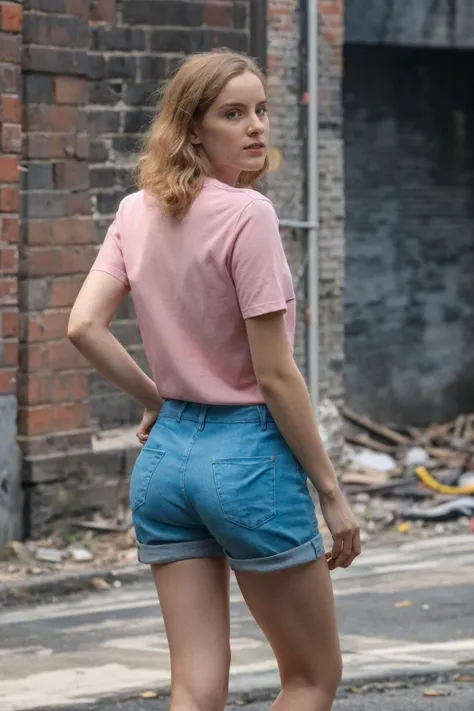 1girl, solo, woman walking in an alleyway, abandoned buildings, from behind, look back, pink tee, blue shorts, soft colors, bokeh, masterpiece, high quality, (high detailed skin:1.1)
<lora:sophie_rundle_lora_v01:1> sophie88