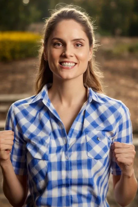 1girl, solo, red checkered shirt, fists, smile, teeth, soft colors, bokeh, masterpiece, high quality, (high detailed skin:1.1)
<lora:sophie_rundle_lora_v01:1> sophie88