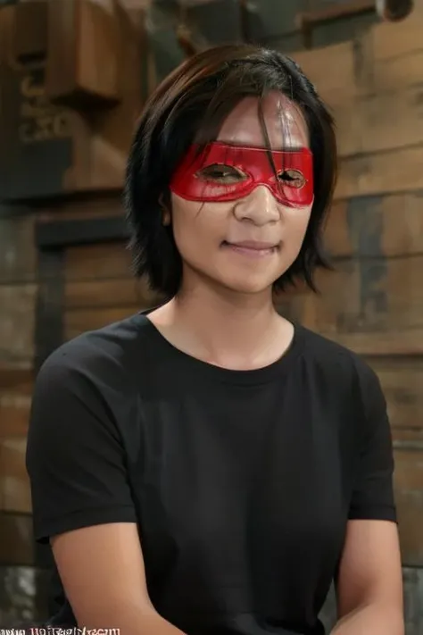 <lora:Crimson_Ninja_Ultimate_Surrender_LoRA-000010:1>,photo of crimsonninja,black hair,1girl,realistic,black tshirt,red mask,winner pose,
