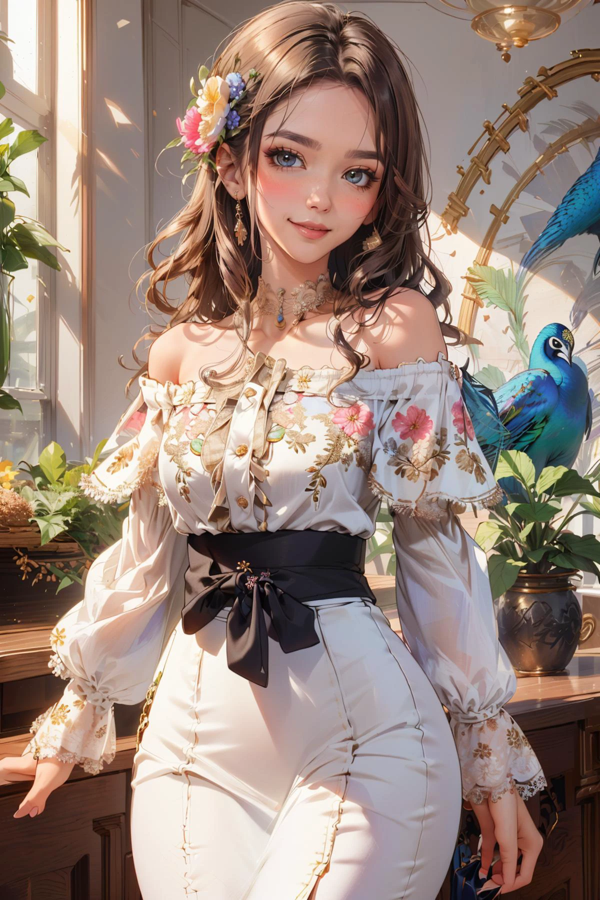 masterpiece, 1girl, Wide hips, naughty smile, Skindentation, blush,
peacock, <lora:peacock-noise:0.5>
edgQuality,smirk,smug, edgCT, a woman in a blouse, and a skirt,wearing edgCT,chic top,(floral embroidery),((off shoulder)), <lora:edgChicTops1:0.85>
<lora:MilaAzul_2.0:0.9>