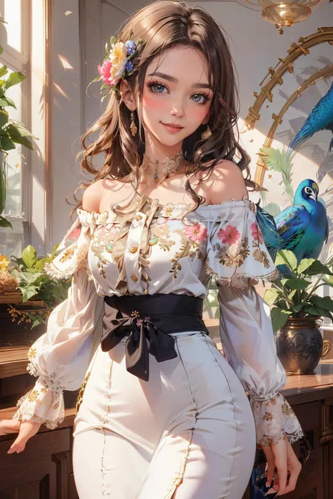 masterpiece, 1girl, Wide hips, naughty smile, Skindentation, blush, 
peacock, <lora:peacock-noise:0.5>
edgQuality,smirk,smug, edgCT, a woman in a blouse, and a skirt,wearing edgCT,chic top,(floral embroidery),((off shoulder)), <lora:edgChicTops1:0.85>
<lora:MilaAzul_2.0:0.9>