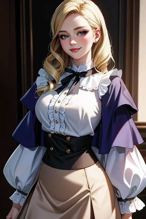 ((Masterpiece, best quality)),edgQuality,smirk,smug,beautiful blonde
edgCT, a woman in a blouse, and a skirt,wearing edgCT,chic top,ribbon,puffy sleeves,frills,(jacket,capelet)
<lora:edgChicTops1:0.86>