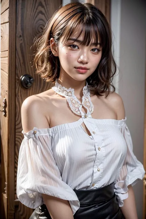 (realistic:1.3), finely detailed, quality, rembrandt lighting, (masterpiece:1.2), (photorealistic:1.2), (best quality), (detailed skin:1.3), (intricate details), dramatic, ray tracing, 1girl, japanese girl, 21 years old, detailed skin texture, (blush:0.5), (goosebumps:0.5), subsurface scattering, smiling, medium breasts, short hair curls, bangs, hair between eyes, halterneck, off-shoulder, edgCT, blouse, wearing edgCT, chic top, pencil skirt, cowboy shot, (bright sunny day), <lora:edgChicTops1:0.85>