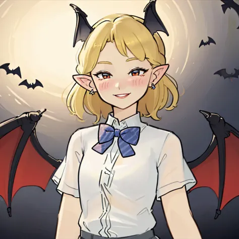 (bowtie:1.5), see-through shirt,  seductive smile, cute 1girl,   pointy ears, head_wings, bat_wings, vampire <lora:edgChicTops1:0.8> edgCT, (blouse:1.3), lots of ruffles, wearing edgCT,chic top,  night sky, red full moon <lora:Jopuari:0.6>, flat_chest, <lora:shouhuiline:0.7> shouhui