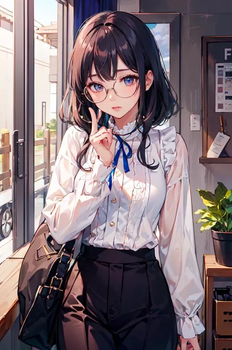 <lora:edgChicTops1:0.8> edgCT, blouse, wearing edgCT, chic top, cowboy shot, <lora:LIP:0.8> (LilyPichuTI:0.9), glasses,, ultra detailed, masterpiece, best quality, aesthetic, detailed,
