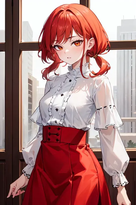 <lora:edgChicTops1:0.8> edgCT, blouse, wearing edgCT, chic top, cowboy shot,, ultra detailed, masterpiece, best quality, aesthetic, detailed,, solo, 1girl, red hair, orange eyes, amber eyes, swept bangs, parted bangs, <lora:LowTwintailsHelper:1> low twintails,
short hair, medium hair, small breasts, <lora:Tsurime3:1>, (tsurime:1.2),