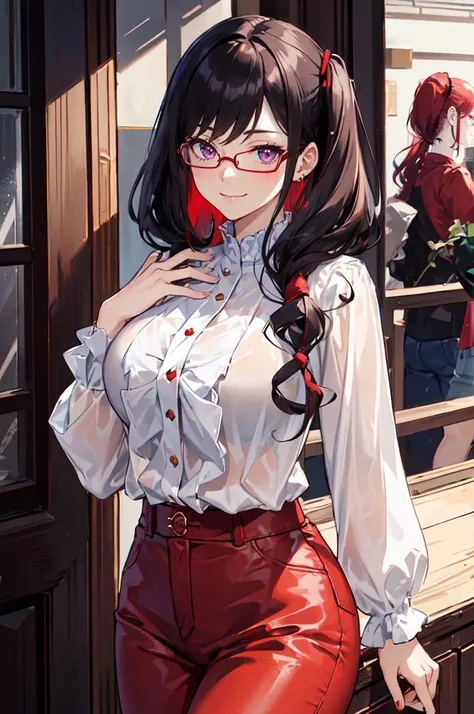 <lora:edgChicTops1:0.8> edgCT, blouse, wearing edgCT, chic top, cowboy shot,, ultra detailed, masterpiece, best quality, aesthetic, detailed,, solo, smug smile, 1girl, purple eyes, red-framed eyewear, (black hair, red colored tips:1.2), red streaked hair, very long hair, side ponytail, tied hair, medium breasts,