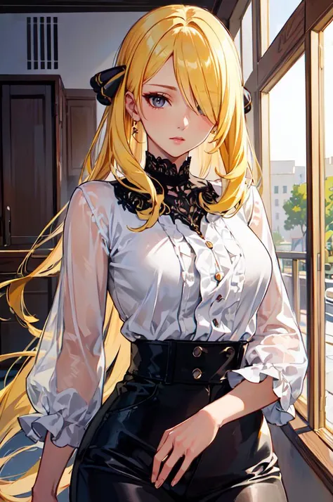 <lora:edgChicTops1:0.8> edgCT, blouse, wearing edgCT, chic top, cowboy shot, <lora:cynthia pokemon by Goofy Ai:1> cynthia, blonde hair,grey eyes, hair over one eyes,long hair,hair ornament, ultra detailed, masterpiece, best quality, aesthetic, detailed,