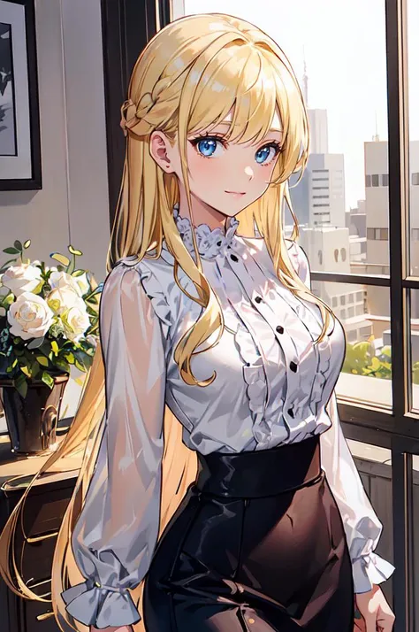 <lora:edgChicTops1:0.8> edgCT, blouse, wearing edgCT, chic top, wedding ring, black skirt,, ultra detailed, masterpiece, best quality, aesthetic, detailed,, solo, soft smile, light smile,
1girl, blue eyes, very long hair, blonde hair, long blonde hair, french braid, bangs, medium breasts,