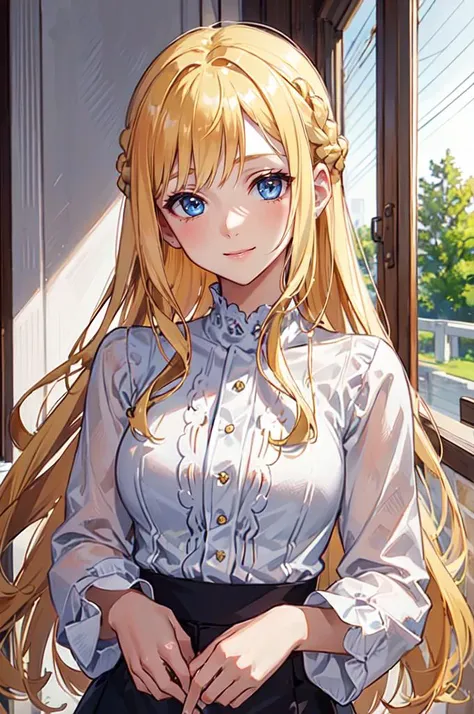 <lora:edgChicTops1:0.8> edgCT, blouse, wearing edgCT, chic top,, ultra detailed, masterpiece, best quality, aesthetic, detailed,, solo, soft smile, light smile,
1girl, blue eyes, very long hair, blonde hair, long blonde hair, french braid, bangs, medium breasts,