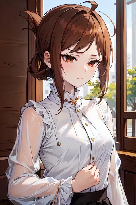 <lora:edgChicTops1:0.8> edgCT, blouse, wearing edgCT, chic top,, ultra detailed, masterpiece, best quality, aesthetic, detailed,, solo, frown,
1girl, red eyes, <lora:Tsurime3:1>, (tsurime:1.2), (brown hair:1.3), medium hair, (asymmetrical bangs, swept bangs, cowlick:1.35), flipped hair, <lora:foldedponytail:0.8> foldedponytail, folded ponytail, (small breasts:1.3),
