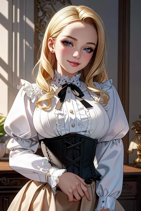 ((Masterpiece, best quality)),edgQuality,smirk,smug,beautiful blonde
edgCT, a woman in a blouse, and a skirt,wearing edgCT,chic top,ribbon,puffy sleeves,frills,(corset)
<lora:edgChicTops1:0.9>